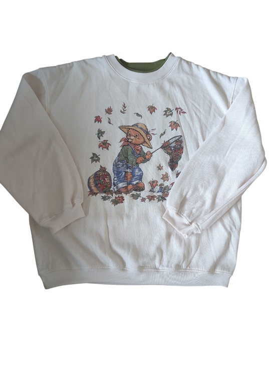 Vintage Sweaters - Vintage 90s Fall Autumn Leaves Bear Grandmacore Double Collar Sweatshirt Size L‎